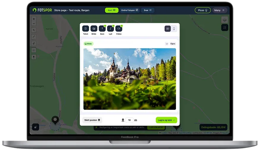 Skjermbilde av Fotspor-editoren på PC